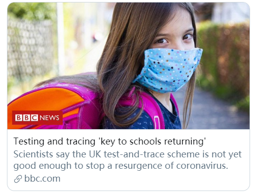 學(xué)校復(fù)課最關(guān)鍵的是檢測(cè)和追蹤。/BBC報(bào)道截圖